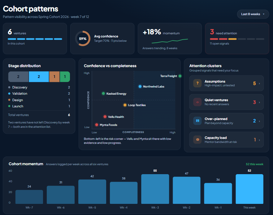 Cohort patterns dashboard showing stage distribution, confidence vs completeness, attention clusters and momentum